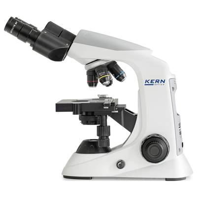 Un microscope optique blanc avec des détails noirs vu de côté, le nom de marque 'Kern' visible, adapté pour des études scientifiques.