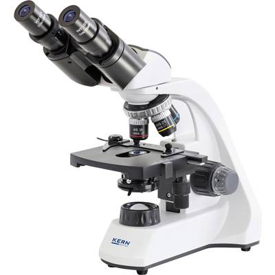 Un microscope blanc avec deux oculaires, une molette de mise au point et un porte-objets, marqué 'Kern'.