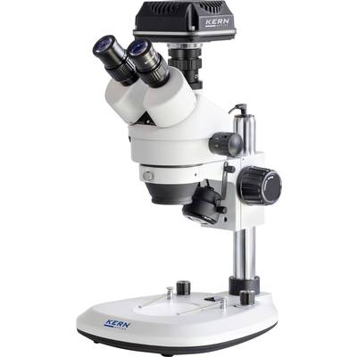 Microscope KERN, boîtier blanc avec deux oculaires, boutons rotatifs et base stable, adapté aux investigations scientifiques.