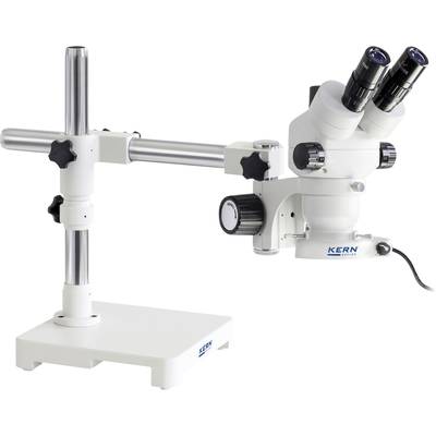 Un microscope stéréoscopique blanc monté sur support, équipé de deux oculaires, idéal pour des examens précis en laboratoire ou en milieu industriel.