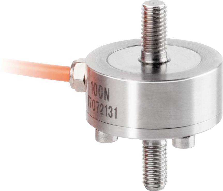 Un capteur de force cylindrique en métal, portant l'inscription '100N', est connecté à un câble orange, démontrant son application technique.