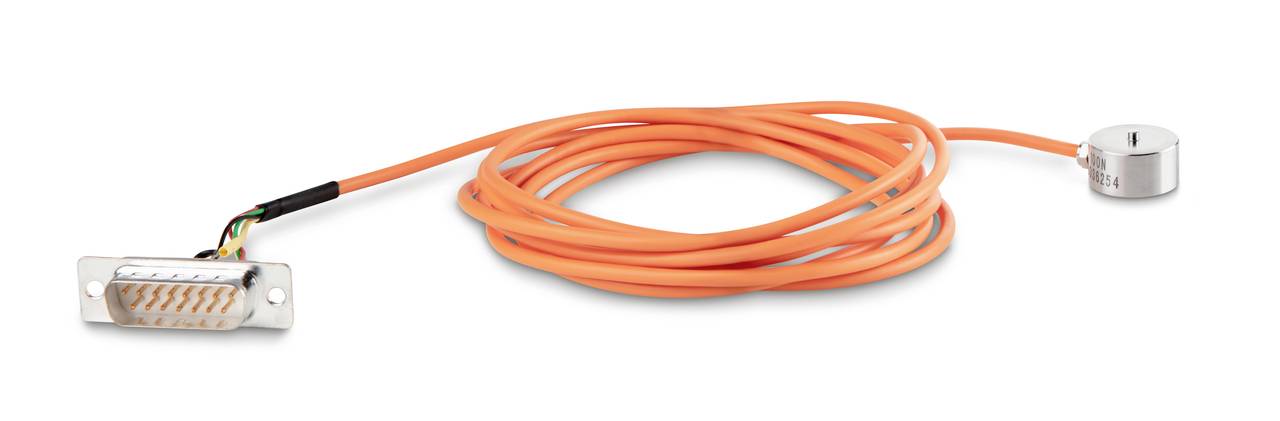 Câble orange avec connecteur D-Sub à une extrémité et un aimant rond à l'autre extrémité, adapté aux applications industrielles.