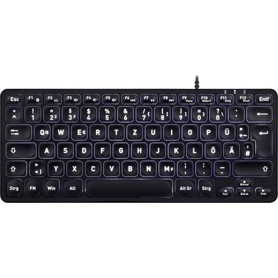 Clavier d'ordinateur allemand rétroéclairé. Touches allant de 'Échap' à 'Suppr', de 'Ctrl' à 'Alt'. Câble au centre en haut.