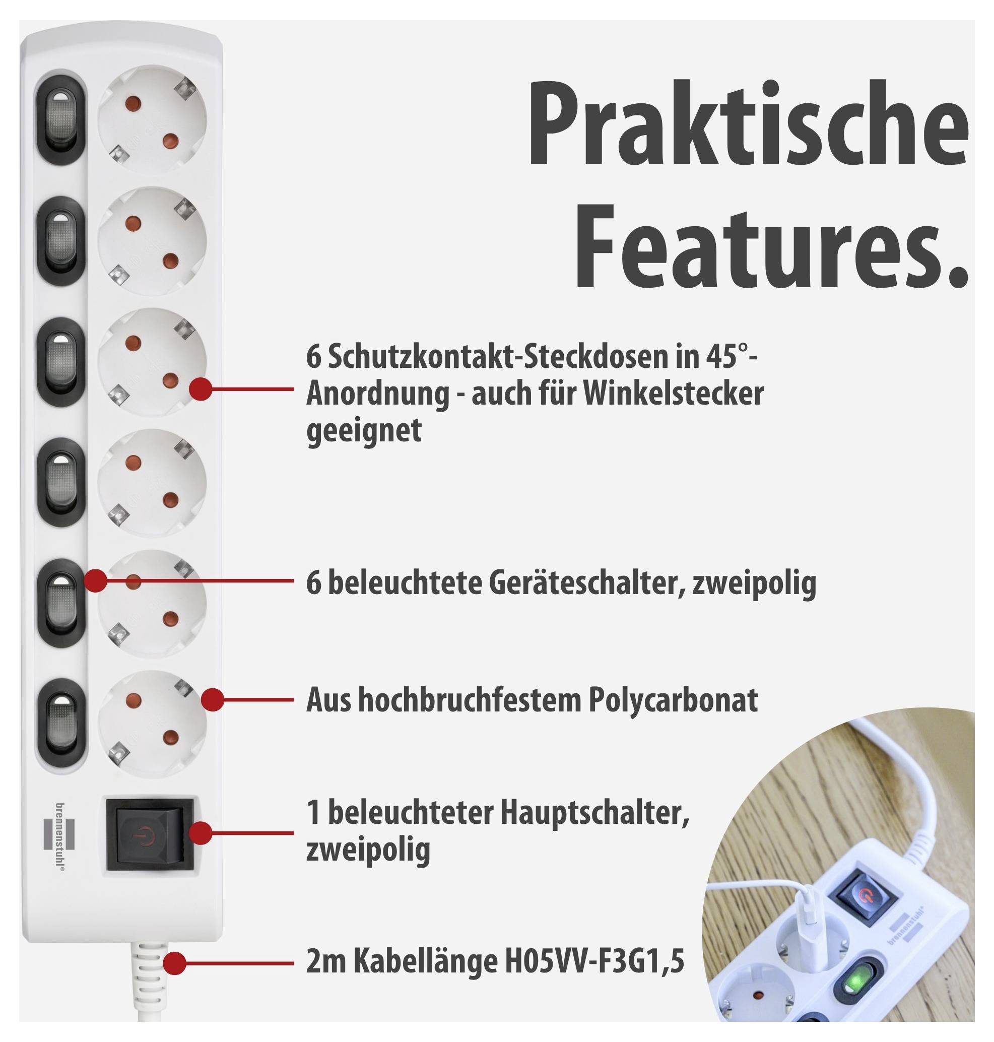 Bloc de prise avec 6 prises de contact de protection, 6 interrupteurs illuminés, interrupteur principal et câble de 2 m ; affiche des fonctionnalités pratiques.