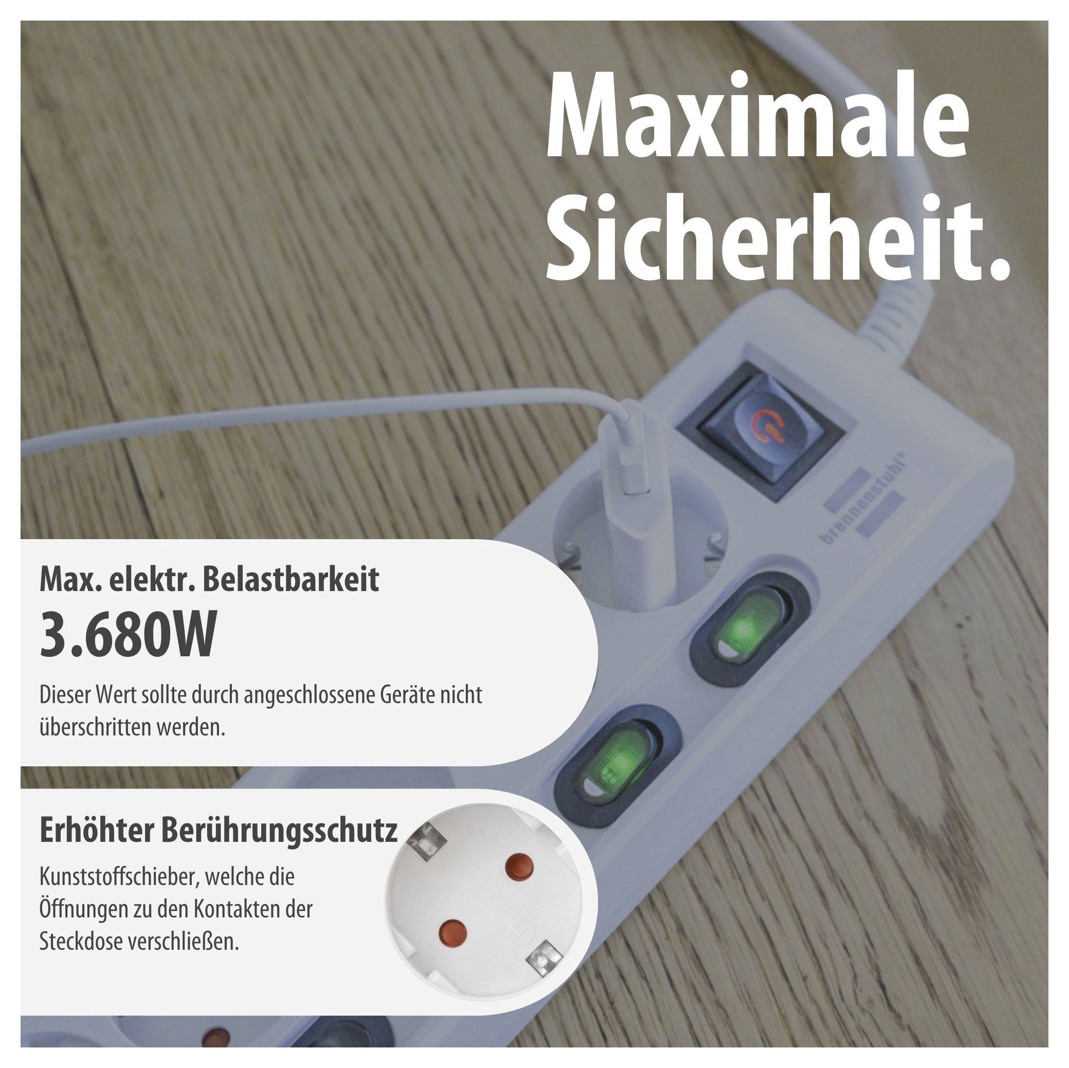 Multiprise sur sol en bois avec l'inscription « Sécurité maximale » ; Remarque : capacité électrique maximale 3 680 W et protection de contact renforcée.