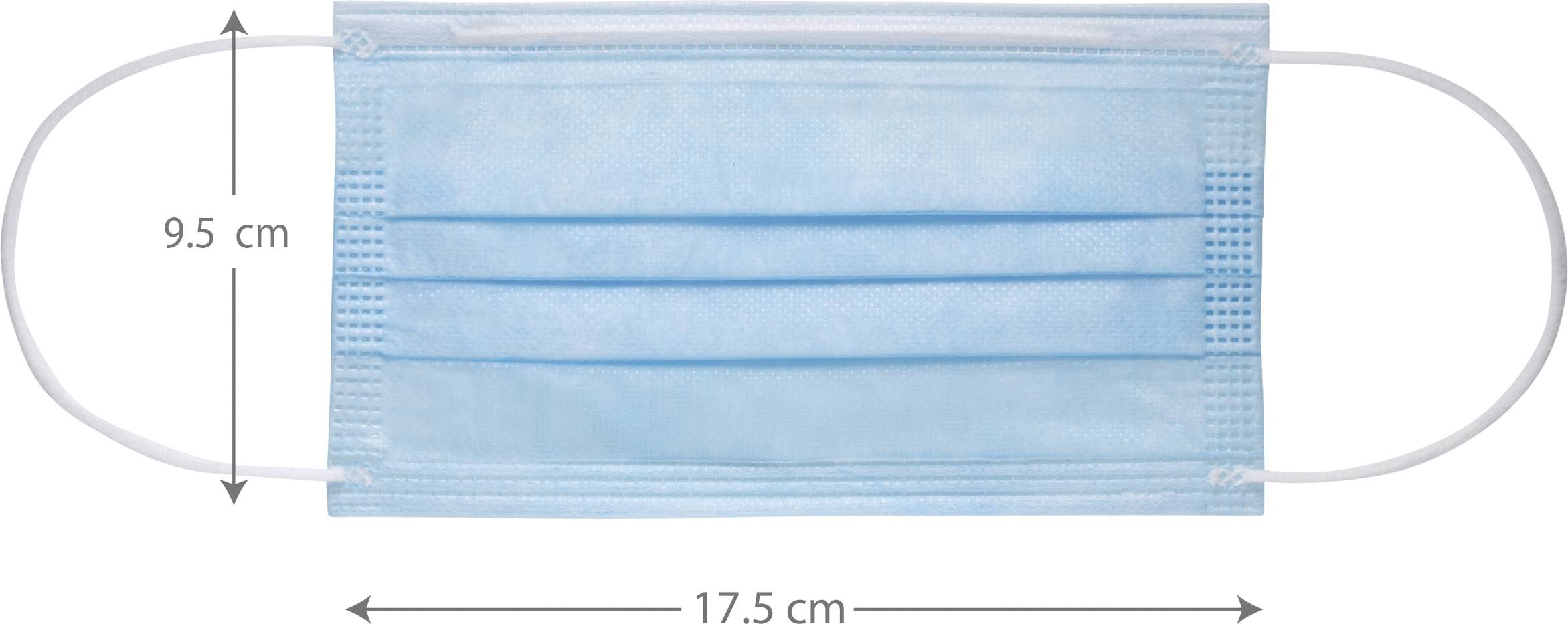 Masque chirurgical bleu avec bandes élastiques. Dimensions : 9,5 cm de hauteur, 17,5 cm de largeur.