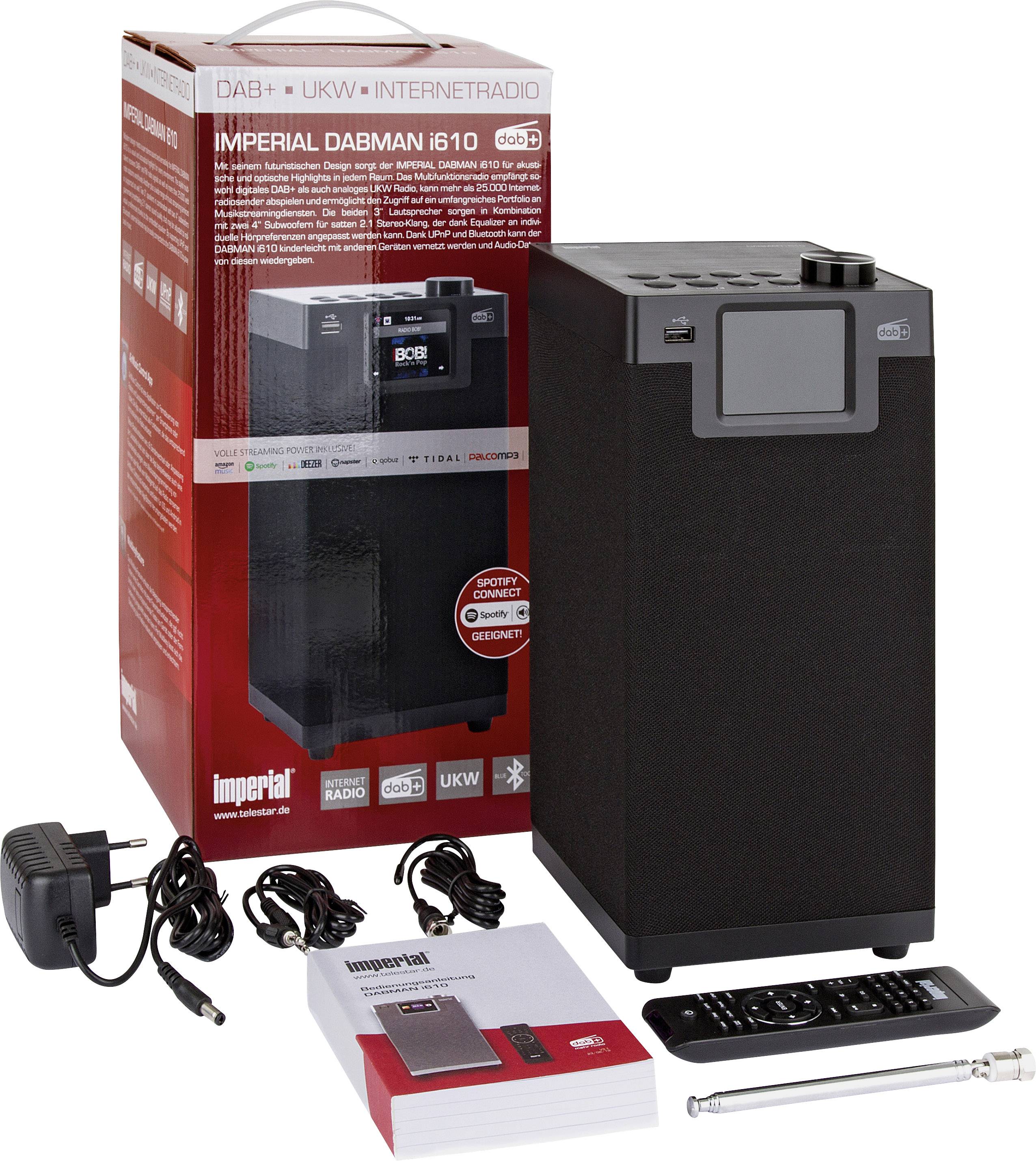 Un emballage contenant un radio Internet DAB+ et FM, modèle Imperial Dabman i610. Présente la radio, ses accessoires et les manuels.