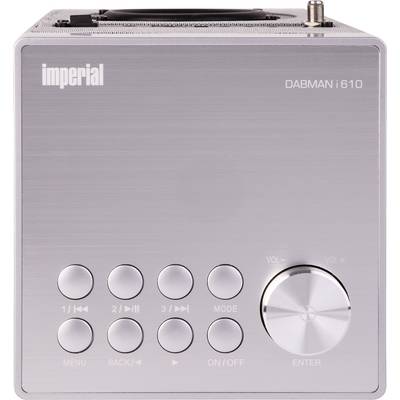 Radio numérique Imperial Dabman i610, vue de face : boîtier argenté avec des boutons de commande et un grand bouton de réglage du volume.