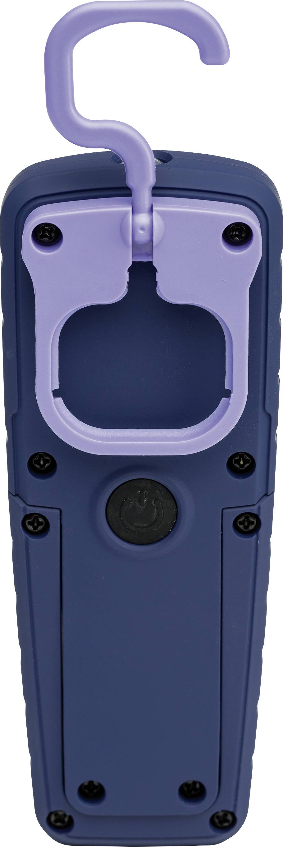 Un appareil portable bleu et violet doté d'un crochet repliable sur le dessus et de quatre vis visibles à l'arrière.