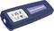 Lampe UV portable de forme rectangulaire en bleu foncé avec un design blanc et violet.