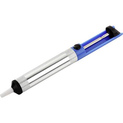 Un aspirateur à dessouder en métal avec une poignée bleue et un bouton noir, utilisé pour retirer le soudure des cartes de circuits électroniques lors de travaux d'électronique.