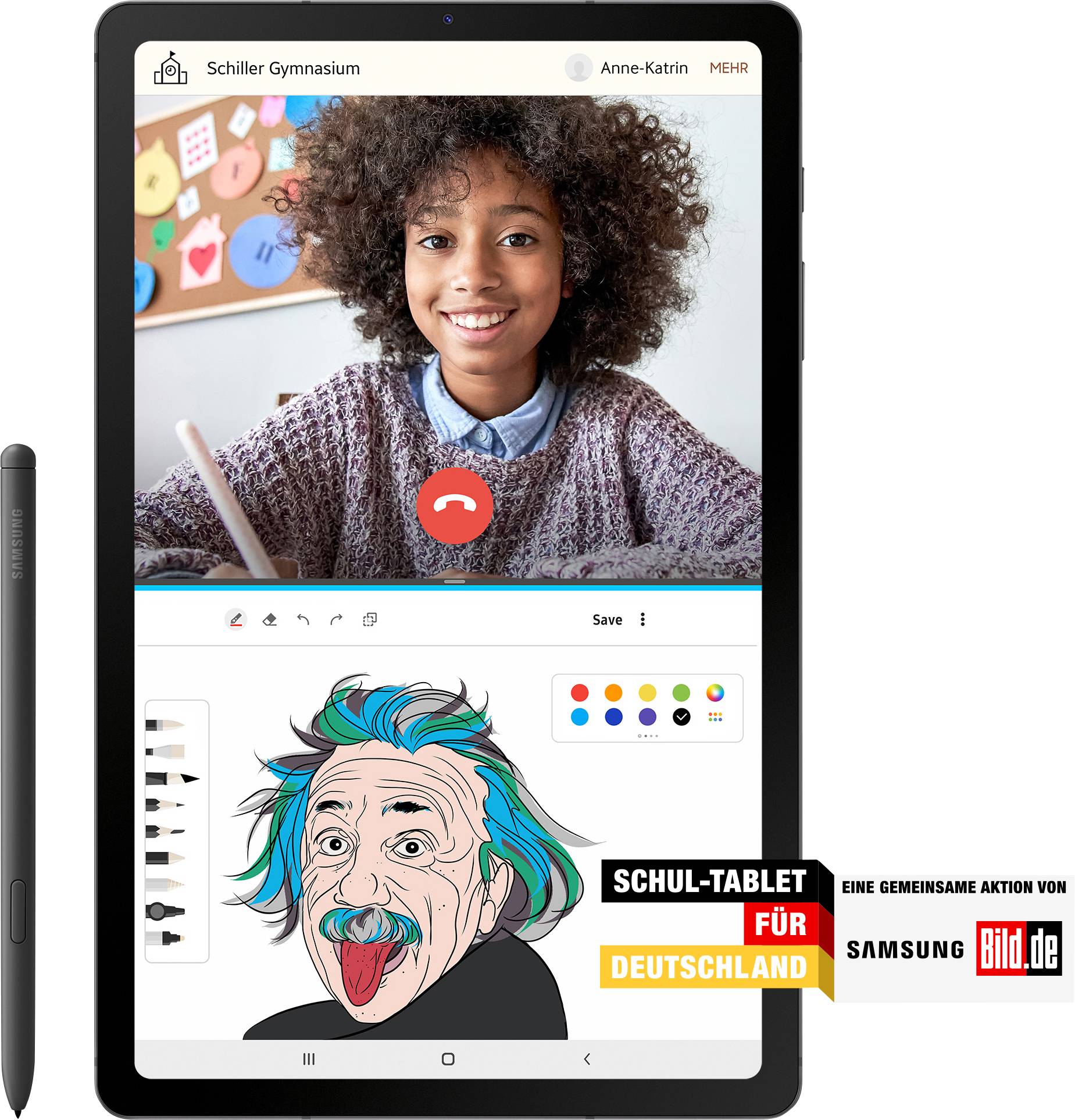 Un élève sourit lors d'un appel vidéo sur une tablette avec un dessin en dessous. Texte : 'Tablette scolaire pour l'Allemagne'.