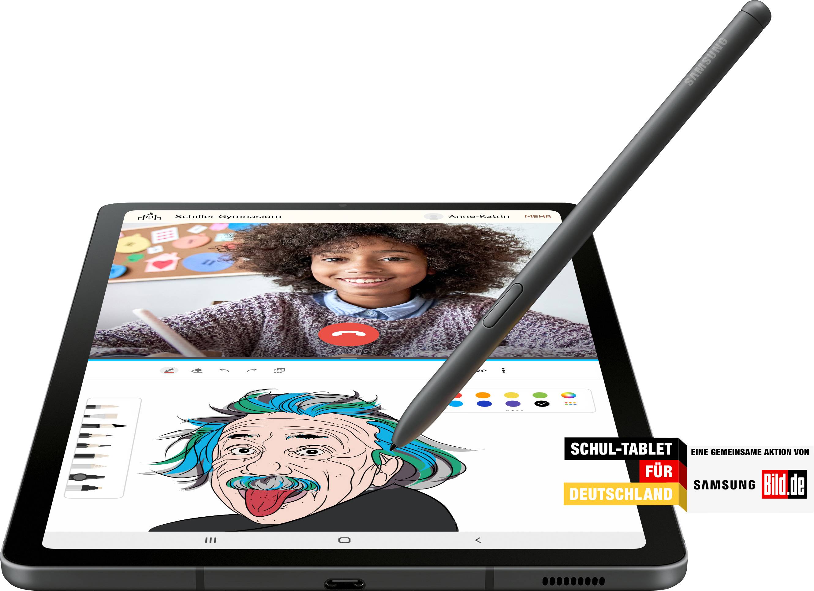 Une tablette avec un stylet, montrant une interface d'appel vidéo et une figure dessinée. Texte : 'Tablette scolaire pour l'Allemagne'.
