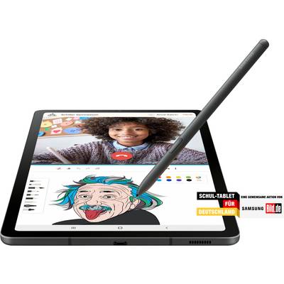 Une tablette avec un stylet, montrant une interface d'appel vidéo et une figure dessinée. Texte : 'Tablette scolaire pour l'Allemagne'.