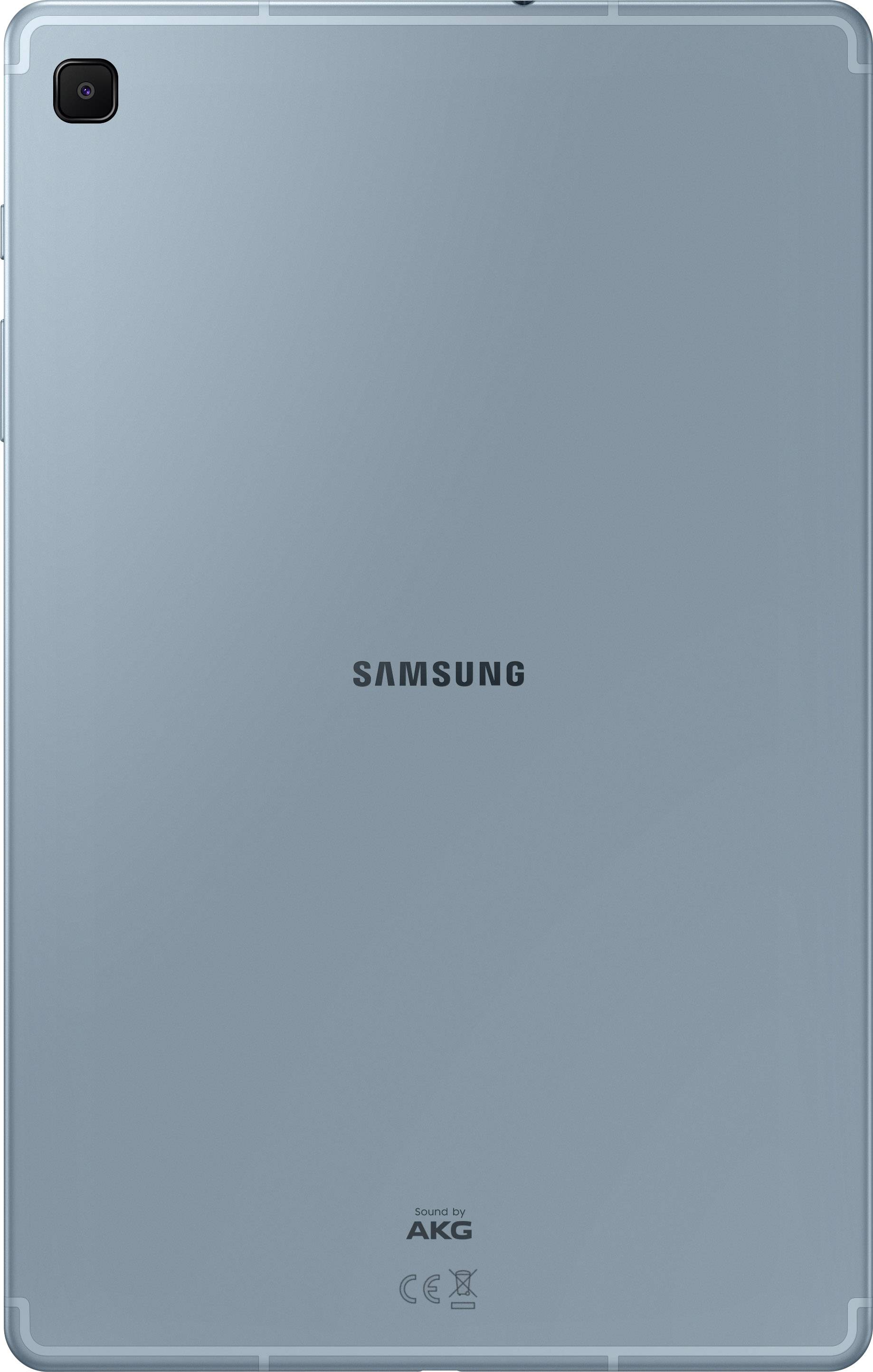 Le dos d'une tablette Samsung en gris-bleu, avec une caméra en haut à gauche et le logo 'Samsung' au centre ; 'Sound by AKG' en bas.