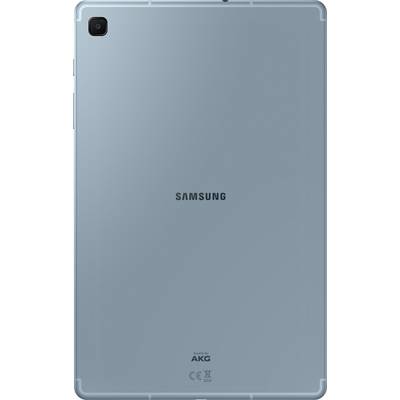 Le dos d'une tablette Samsung en gris-bleu, avec une caméra en haut à gauche et le logo 'Samsung' au centre ; 'Sound by AKG' en bas.
