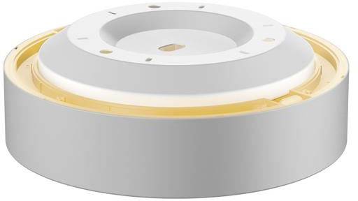 Un luminaire de plafond rond, blanc, avec une fine bande lumineuse chaude et jaune sur sa face intérieure.