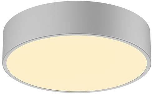 Plafonnier rond en argent avec surface lumineuse blanc chaud, design minimaliste et moderne.