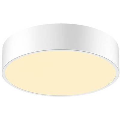 Un luminaire de plafond rond et plat avec une lueur chaude et jaunâtre.