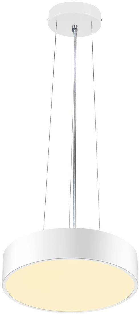 Lampe suspendue blanche, cylindrique, émettant une lumière chaude et jaune, suspendue par trois câbles fins, adaptée aux espaces intérieurs modernes.