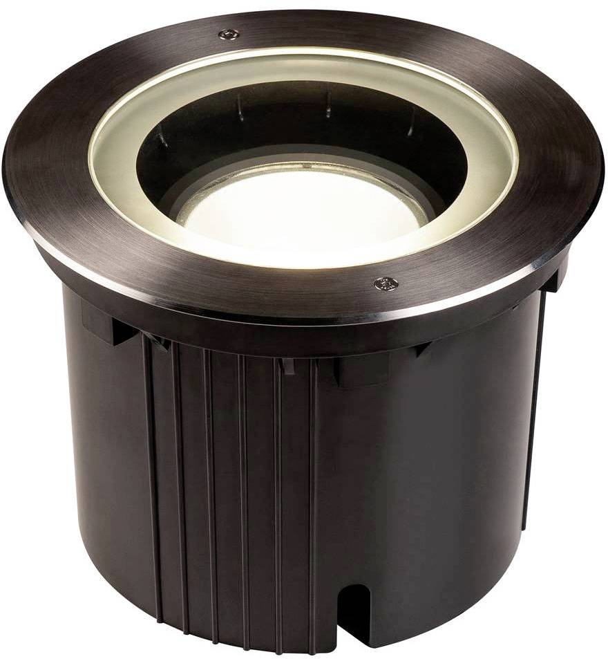 Une borne lumineuse ronde noire avec un insert en verre transparent, conçue pour l'éclairage extérieur de zones telles que les jardins ou les allées.