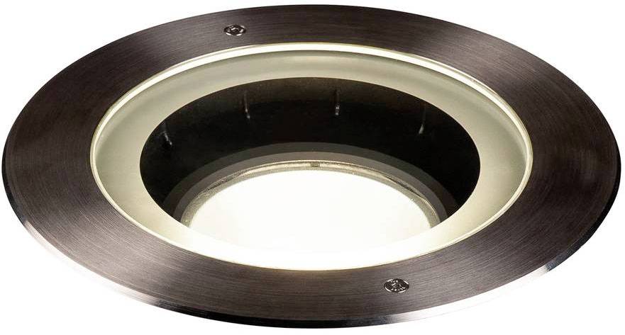 Luminaire encastré rond et plat avec cadre argenté et couverture en verre. Adapté aux espaces extérieurs tels que terrasses ou chemins piétons.