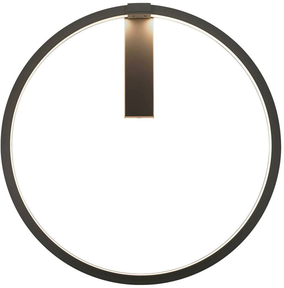 Un grand cadre circulaire avec un éclairage intégré et un élément rectangulaire sur le dessus qui diffuse la lumière vers l'intérieur.