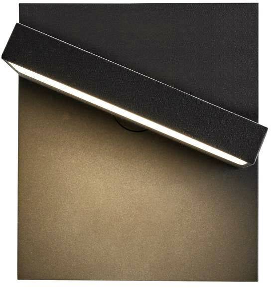 Un applique murale rectangulaire noir avec un faisceau lumineux LED dirigé vers le bas, projetant de la lumière sur le mur. Design minimaliste.