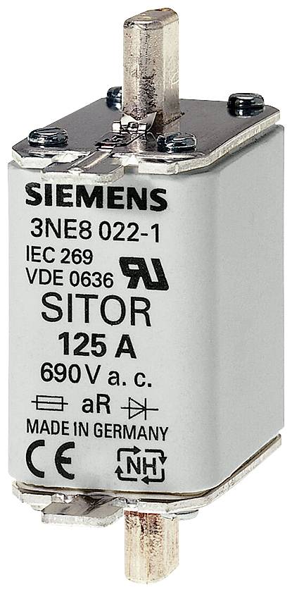 Fusible Siemens, type SITOR, 125 A, adapté pour 690 V courant alternatif. Inscription : 'Made in Germany'.