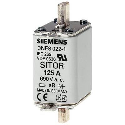 Fusible Siemens, type SITOR, 125 A, adapté pour 690 V courant alternatif. Inscription : 'Made in Germany'.