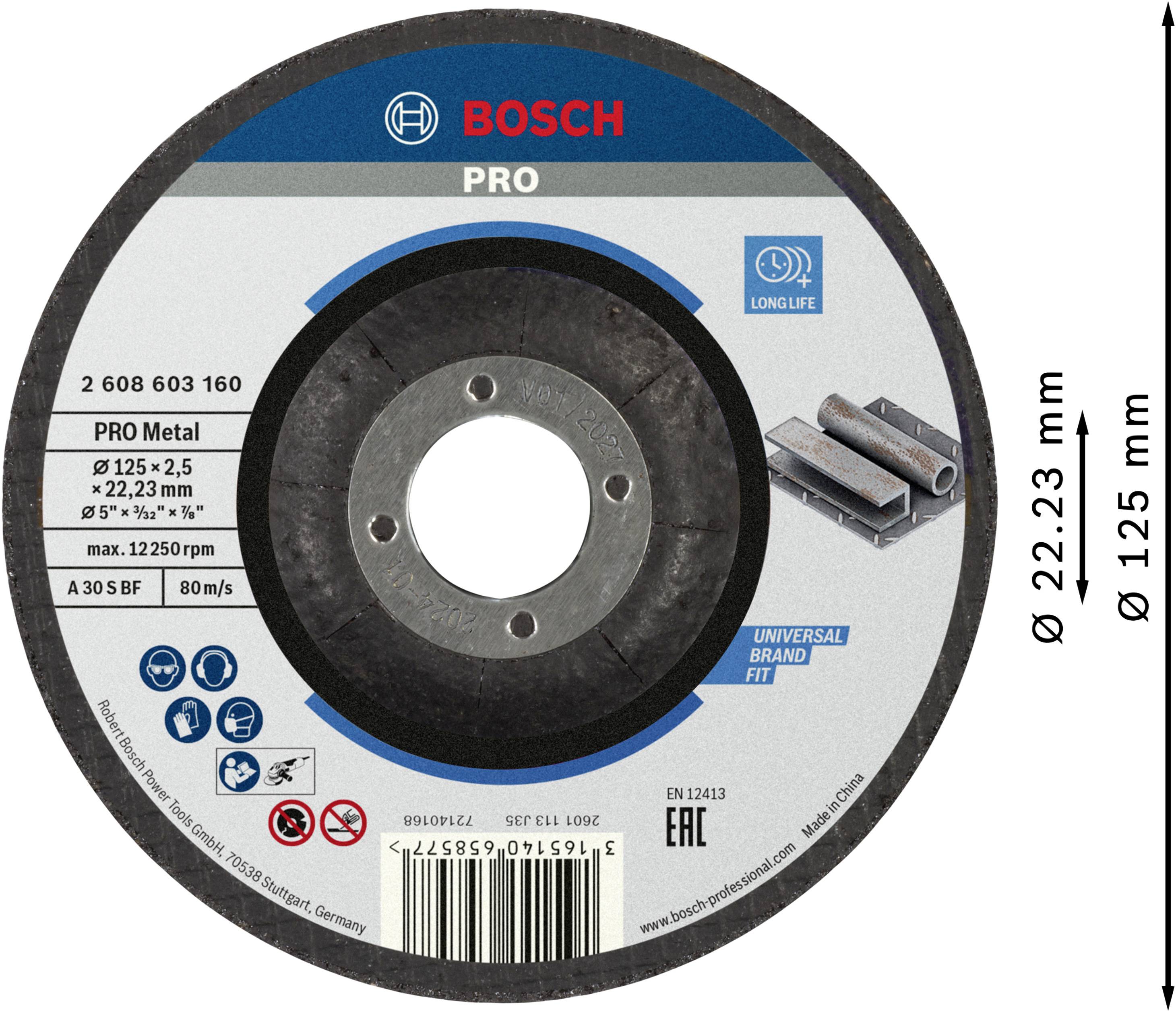 Un disque de meulage métallique rond Bosch PRO avec les dimensions Ø 125 x 2,5 mm et une vitesse de rotation maximale de 12250 tr/min.
