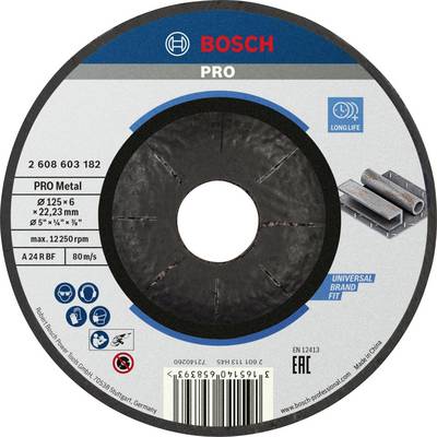 Disque de meulage Bosch pour l'usinage des métaux, dimensions 125x6 mm, vitesse maximale 12 250 tr/min, durée de vie prolongée, adaptabilité universelle.