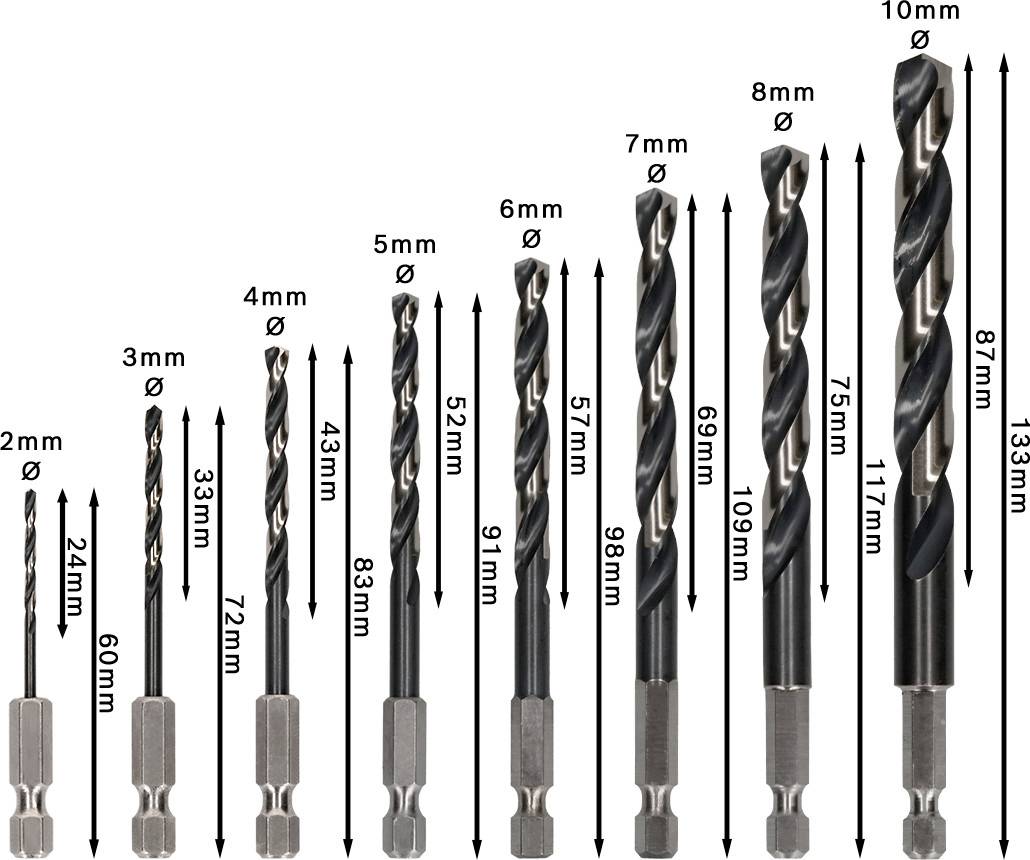 Un jeu de forets de différents diamètres (2mm à 10mm) et longueurs (de 60mm à 133mm), disposés debout en rangée.