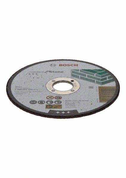 Disque à meuler Bosch, Standard for Stone, affiche des symboles d'avertissement de sécurité et de domaine d'application, adapté pour le travail de la pierre.