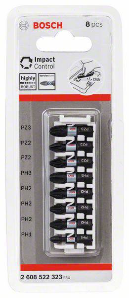 'BOSCH Impact Control Coffret d'embouts, 8 pièces, avec embouts PZ et PH. Contient des embouts ultra-robustes pour divers travaux de vissage.'