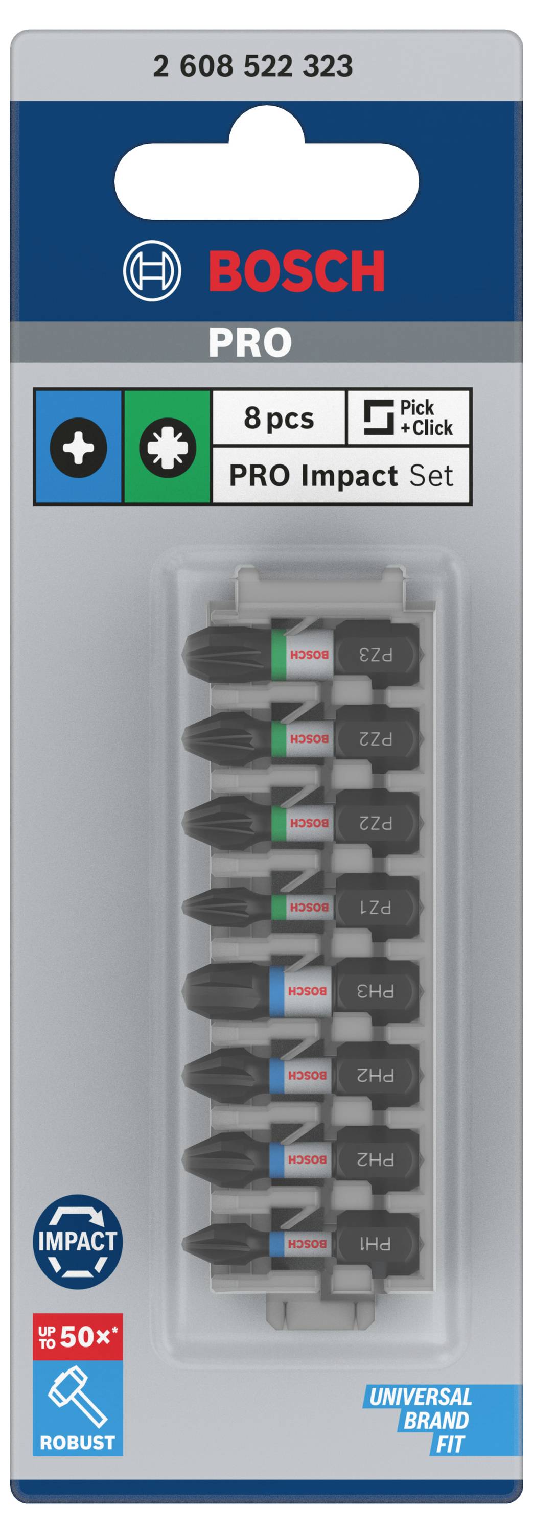Coffret d'embouts de vissage Bosch PRO Impact, 8 pièces, avec inscription 'Pick and Click', emballage présentant des embouts de tournevis, adapté pour diverses applications.