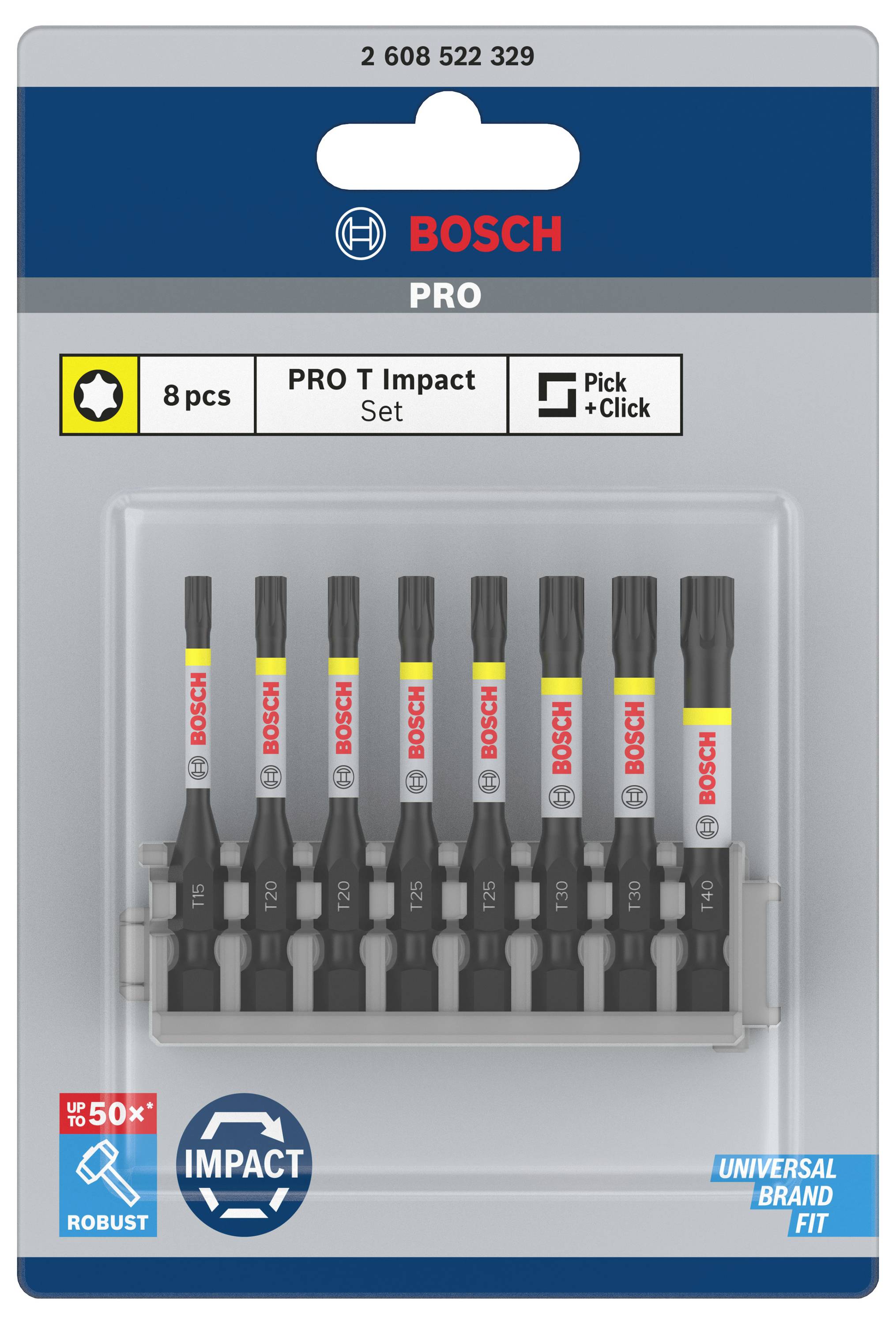 Embouts de vissage 'Bosch PRO T Impact', lot de 8 pièces, système Pick + Click, compatibles avec les marques universelles. Emballage sous blister.