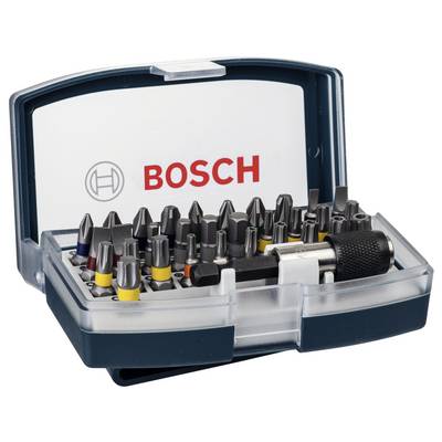 Ensemble d'outils avec des embouts de différentes tailles et couleurs, comprenant une poignée, rangé dans un coffret en plastique transparent portant le logo 'Bosch'.