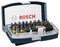 Ensemble d'outils avec des embouts de différentes tailles et couleurs, comprenant une poignée, rangé dans un coffret en plastique transparent portant le logo 'Bosch'.