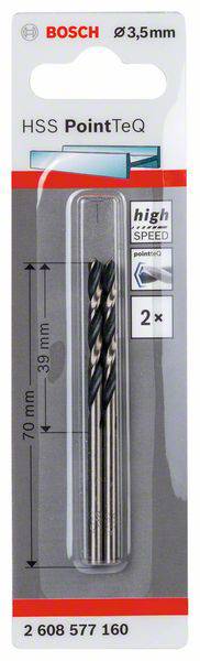 'Bosch 3.5 mm HSS PointTeQ Drill Bit, 2 Pieces, High Speed, 70 mm Length, Item Number 2 608 577 160.'