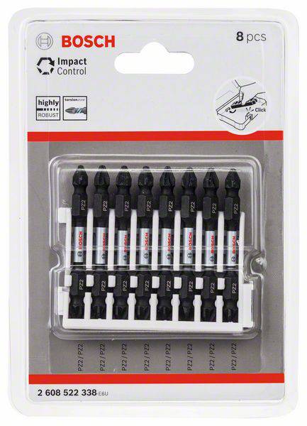 Ensemble de 8 embouts de vissage noirs Bosch avec technologie 'Impact Control' dans un emballage en plastique transparent.