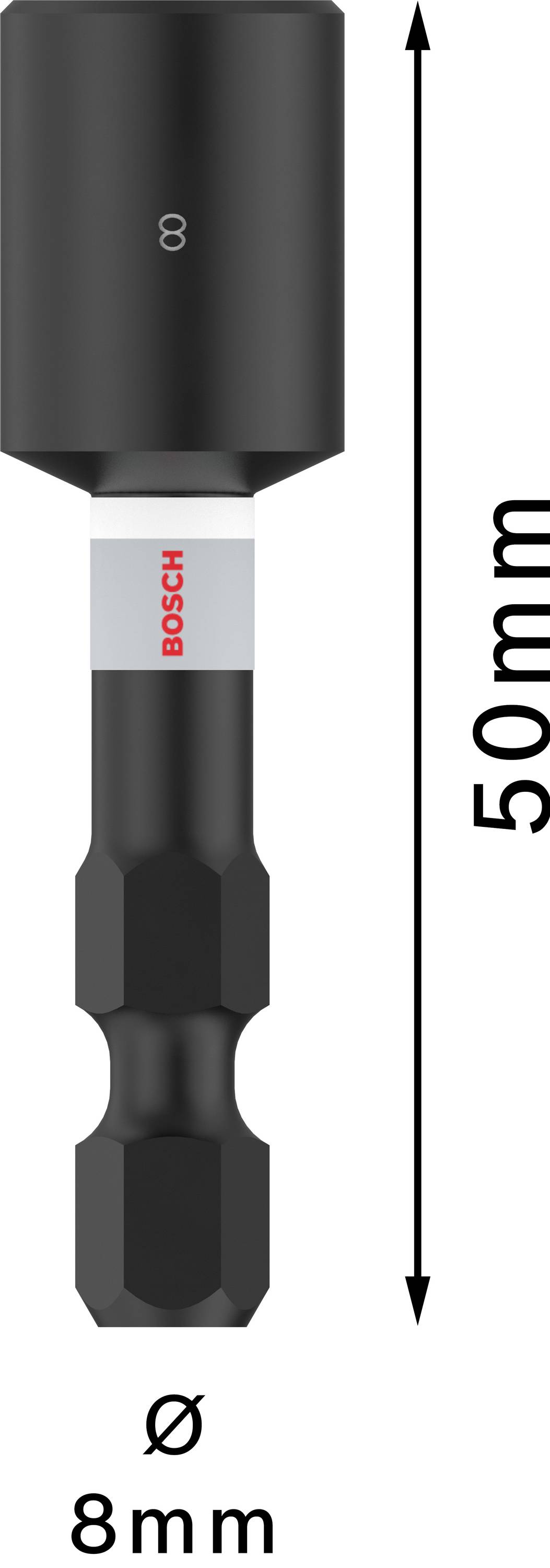 Douille noire d'une longueur de 50 mm et d'un diamètre de 8 mm, marquée 'Bosch' en rouge sur bande blanche.