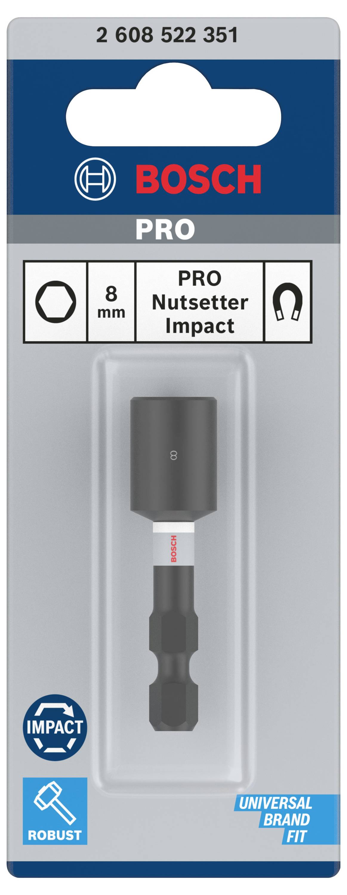 Embout de perceuse dans son emballage, marqué 'Bosch Pro', adapté pour écrous de 8 mm. Étiqueté 'Impact' et 'Universal Brand Fit'.