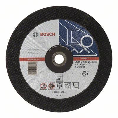 Une disqueuse Bosch, adaptée pour l'usinage des métaux. Les dimensions, le régime de rotation et les avertissements de sécurité sont indiqués.