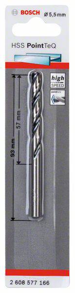 Foret métallique Bosch HSS PointTeQ de 5,5 mm dans un emballage gris, mesurant 93 mm de longueur totale, marqué 'haute vitesse', numéro d'article en dessous.