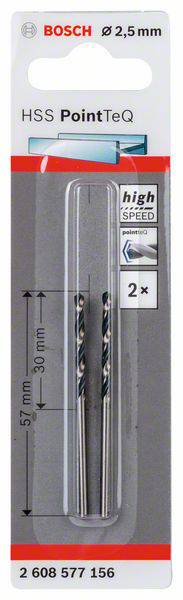 Forets Bosch HSS PointTeQ, lot de 2, diamètre 2,5 mm, longueur 57 mm. L'emballage affiche le logo "high speed".
