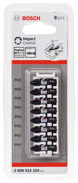 Emballage contenant 8 embouts de vissage Bosch PH2 avec marquage 'Impact Control'. Contient les dimensions et le numéro de produit ci-dessous.