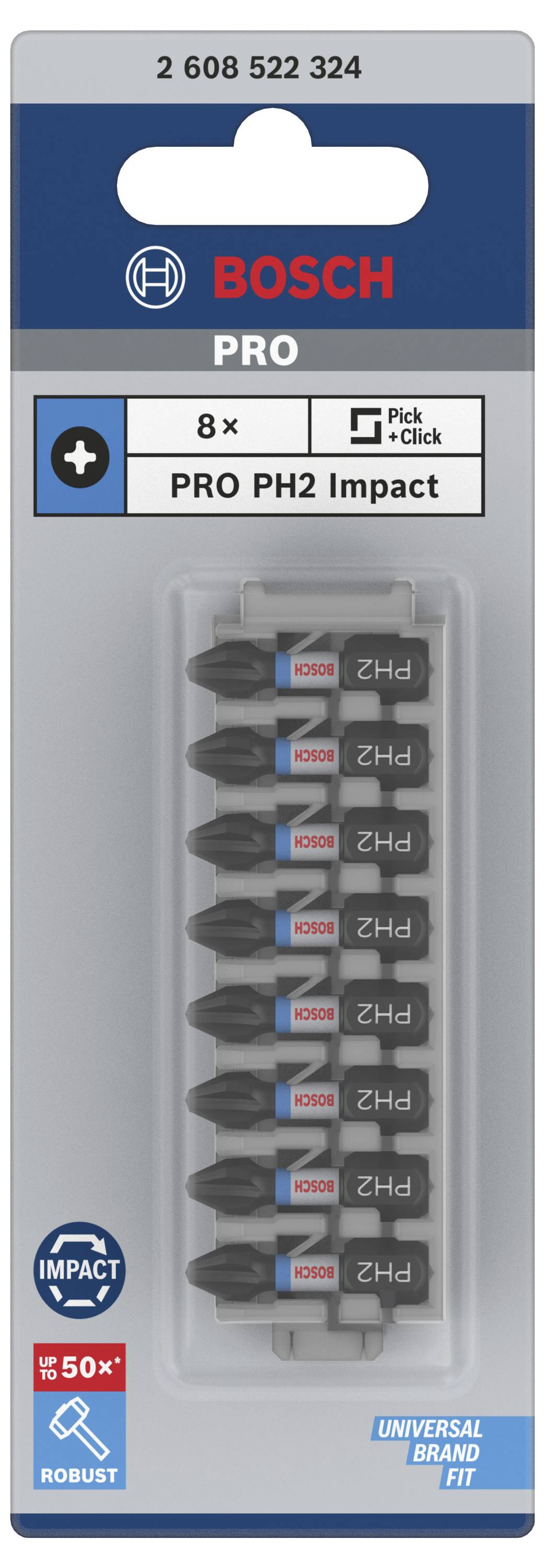 Embouts de vissage à chocs Bosch Pro PH2, 8 pièces. 50% plus robustes, compatibles avec toutes les marques. L'emballage montre dix embouts noirs alignés.