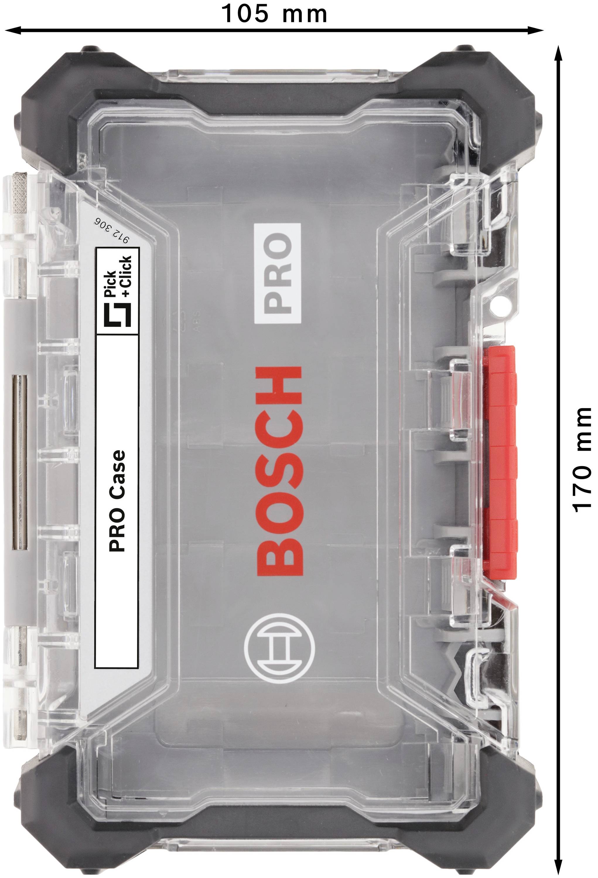 Boîte de rangement Bosch transparente, rectangulaire, dimensions 105 mm x 170 mm, avec poignée rouge, adaptée au rangement d'accessoires d'outils.
