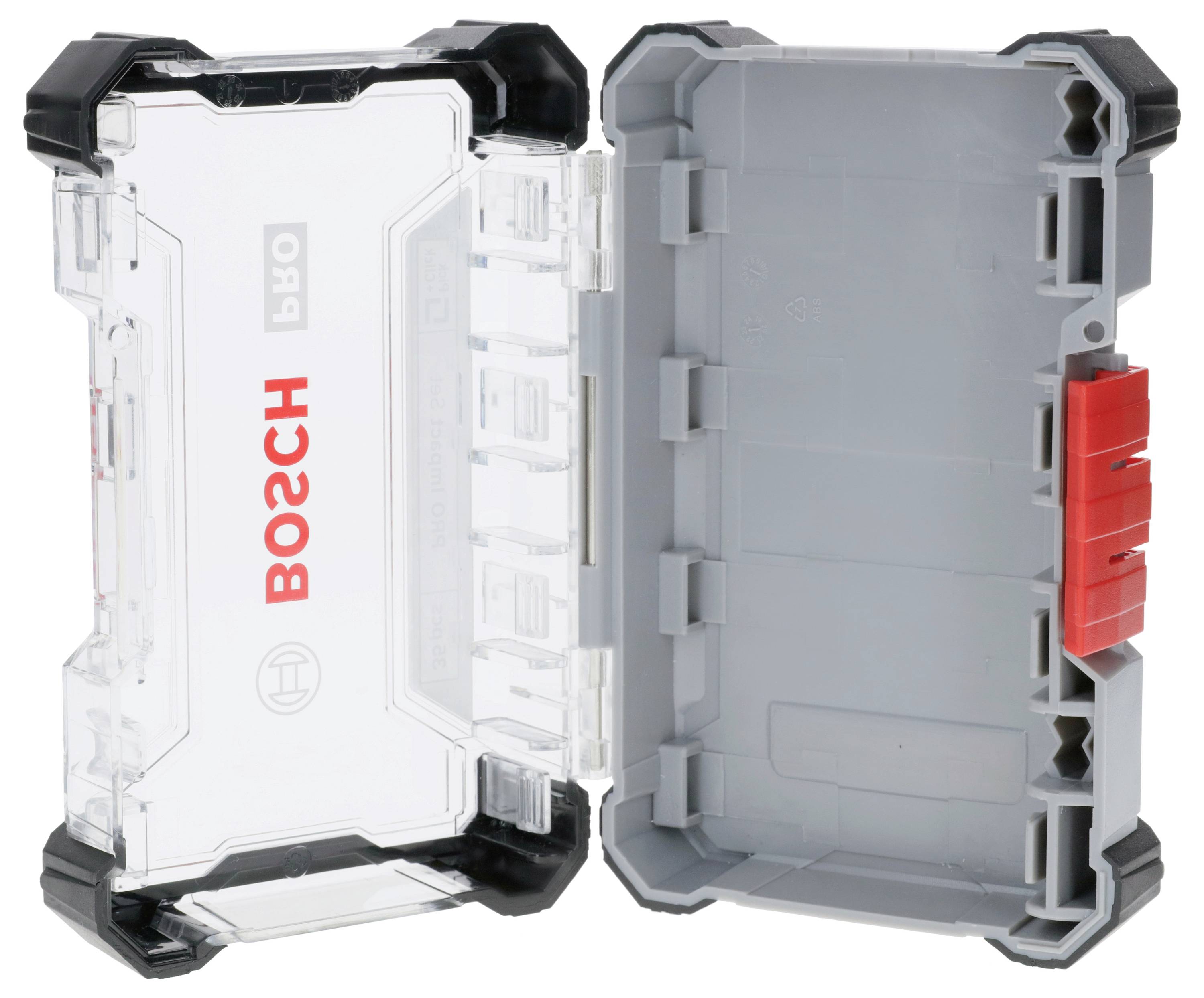 Une boîte à outils ouverte avec un couvercle transparent et un intérieur gris. Le couvercle porte le logo rouge 'BOSCH' sur le côté.